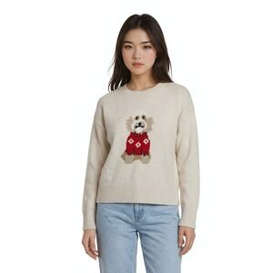 LOFT Dog Sweater Women's Size XL Cream Intarsia Cotton Blend Pullover Doodle